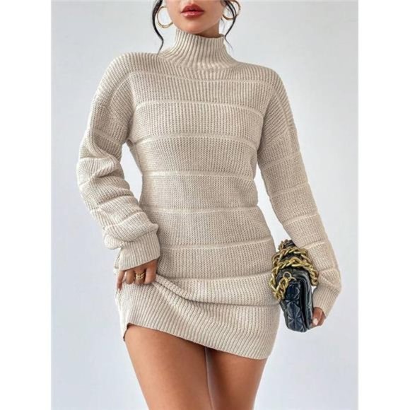 High Neck Drop Shoulder Sweater Dress Without Belt - Picture 1 of 6